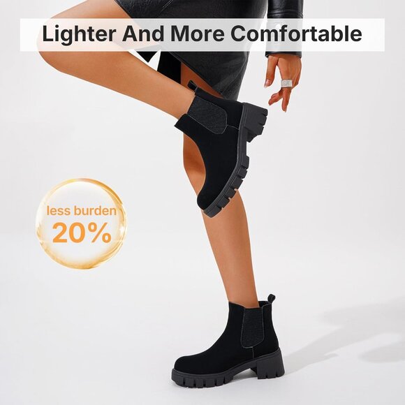 Vepose Women's Blacknubuck Faux Leather Lug Sole Elastic Slip on Ankle Booties - Picture 3 of 9